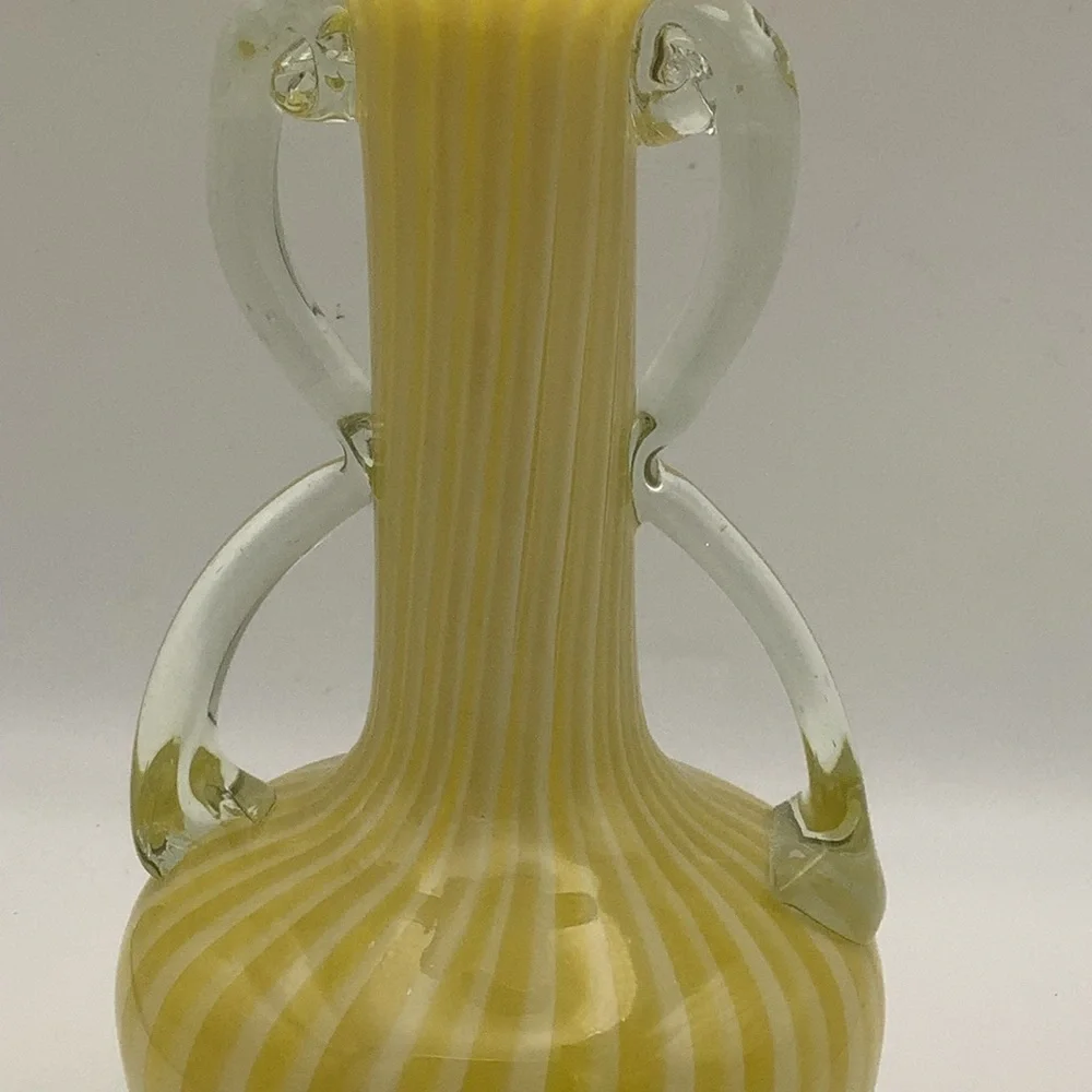 Vintage Murano Style Handblown Yellow and Clear Swirl Glass Vase